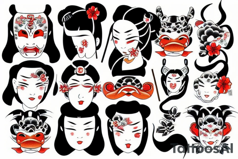 Geisha whit oni mask and koi fish tattoo idea