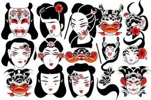 Geisha whit oni mask and koi fish tattoo idea