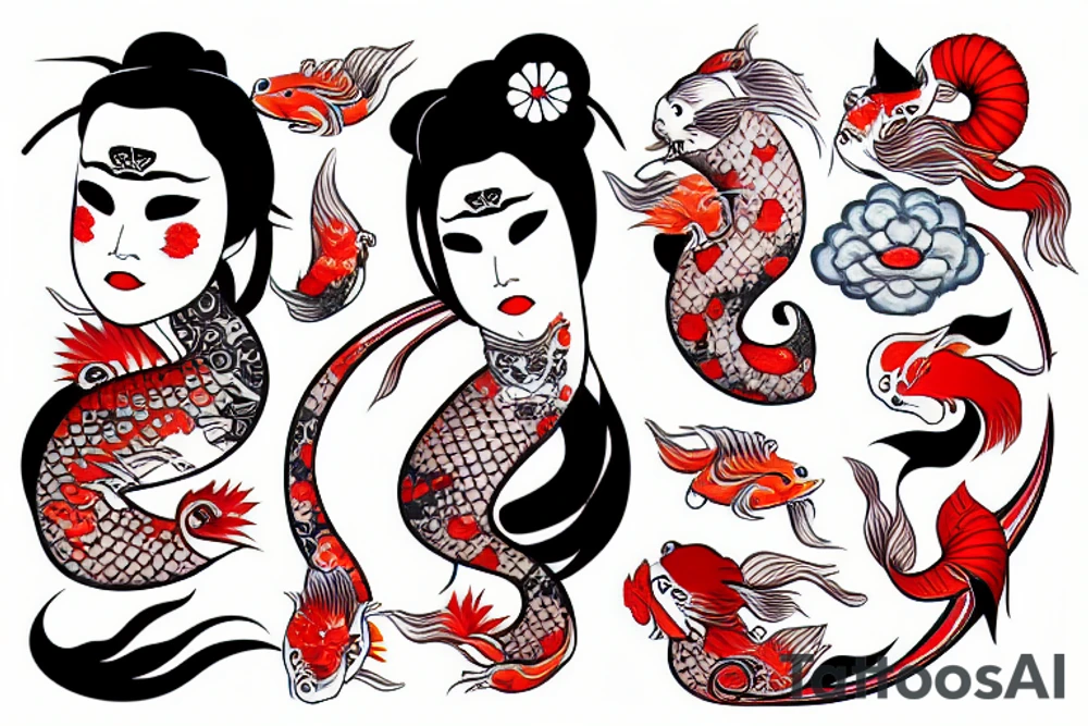 Geisha whit oni mask and koi fish tattoo idea