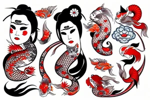 Geisha whit oni mask and koi fish tattoo idea