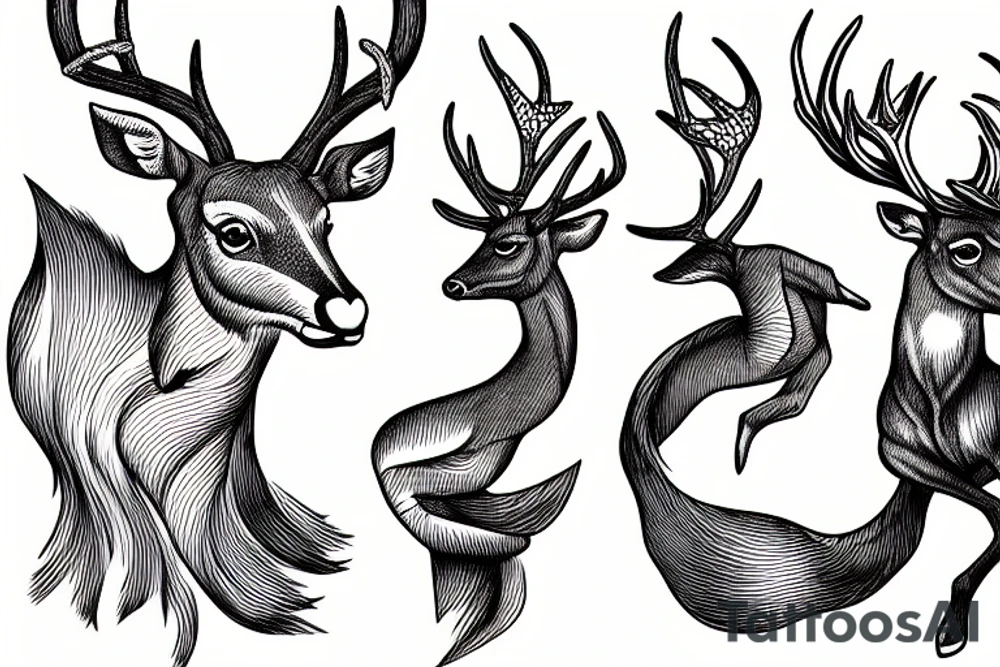 leaping male deer with whipshading and mouth open tattoo idea