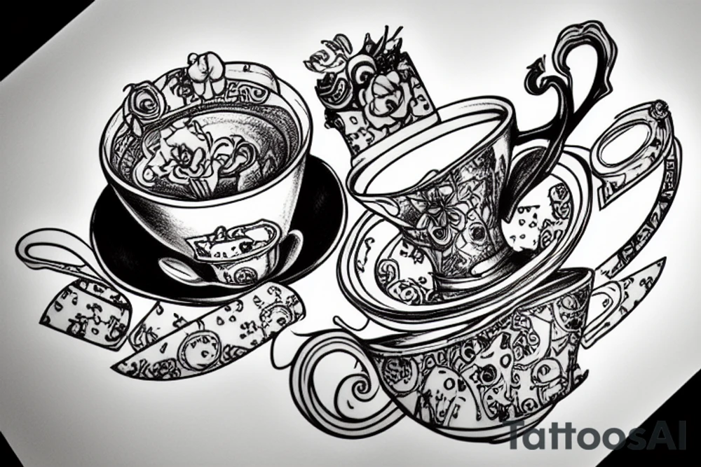 Alice in Wonderland inside a cup of tea tattoo idea