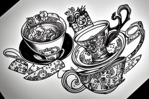 Alice in Wonderland inside a cup of tea tattoo idea