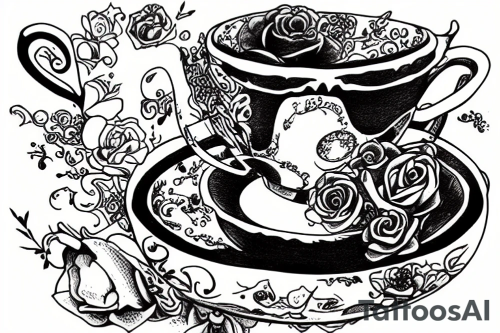 Alice in Wonderland inside a cup of tea tattoo idea
