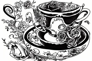 Alice in Wonderland inside a cup of tea tattoo idea