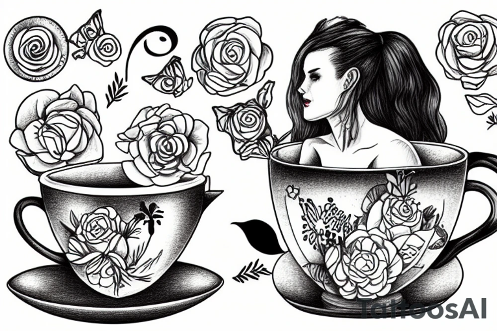 Alice swimming inside a cup of tea tattoo idea
