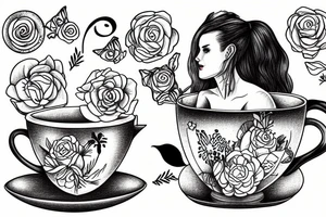 Alice swimming inside a cup of tea tattoo idea