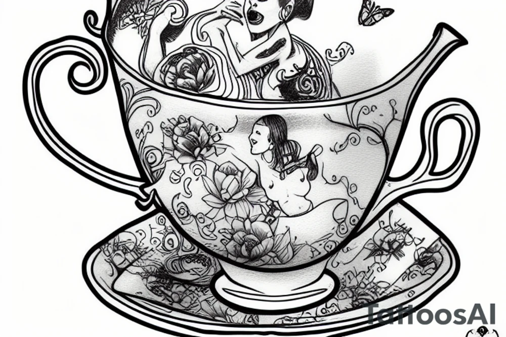 Alice swimming inside a cup of tea tattoo idea