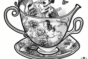 Alice swimming inside a cup of tea tattoo idea