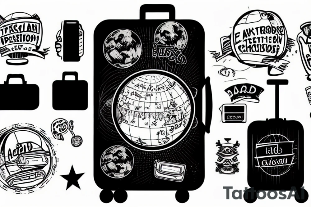 A terrestrial globe with a suitcase in front of it and text "Bad Decisions" tattoo idea