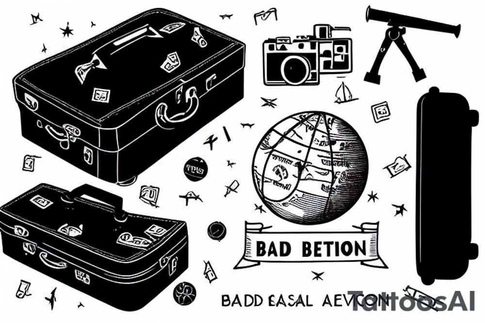 A terrestrial globe with a suitcase in front of it and text "Bad Decisions" tattoo idea