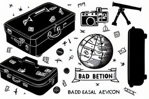 A terrestrial globe with a suitcase in front of it and text "Bad Decisions" tattoo idea