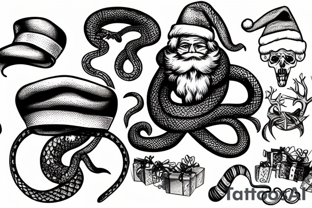 Snake with santa clause hat eating a human tattoo idea