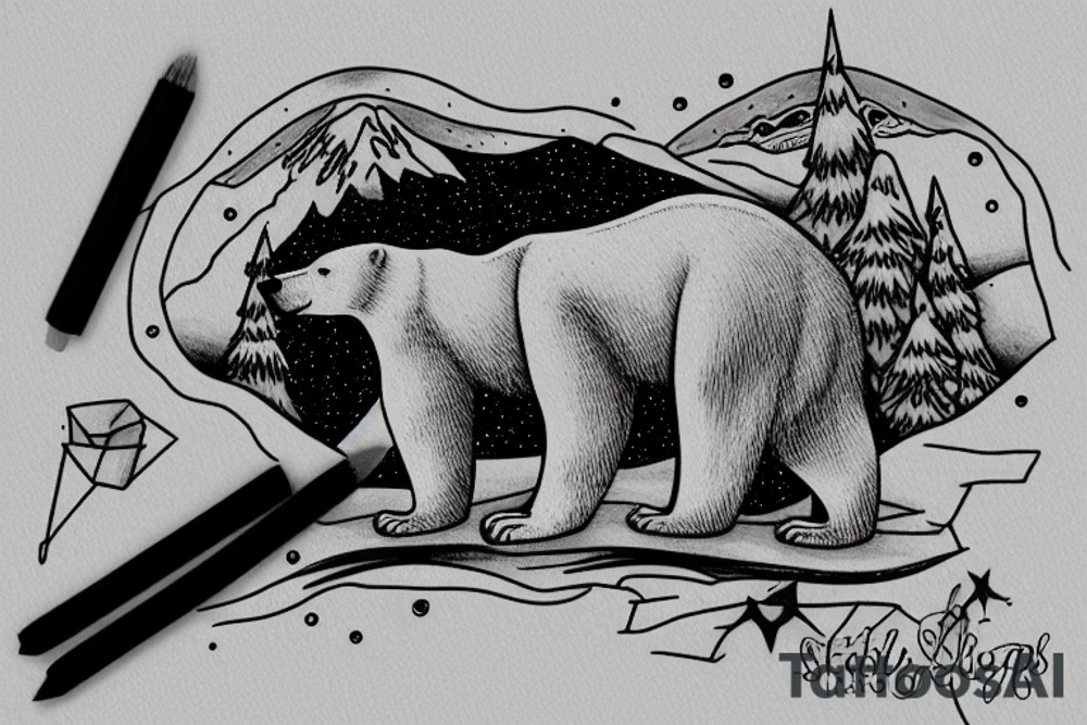 polar bear in the mountains in starry night tattoo idea