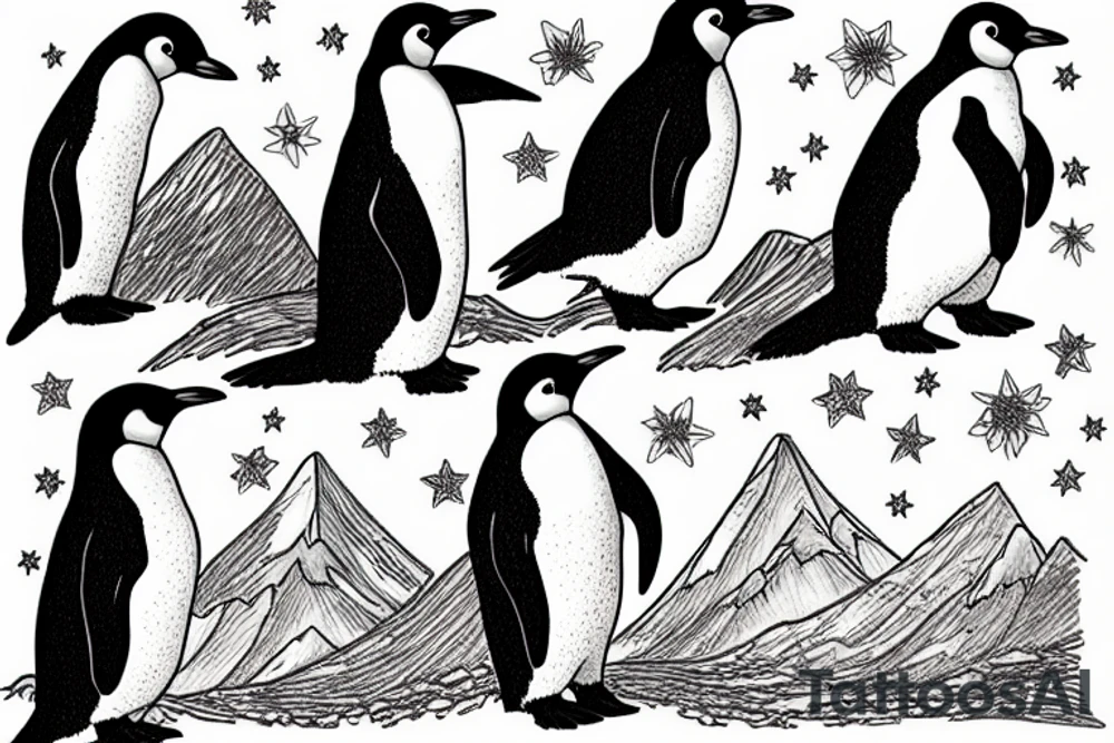 penquin in the mountains in starry night tattoo idea