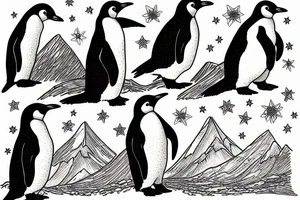 penquin in the mountains in starry night tattoo idea