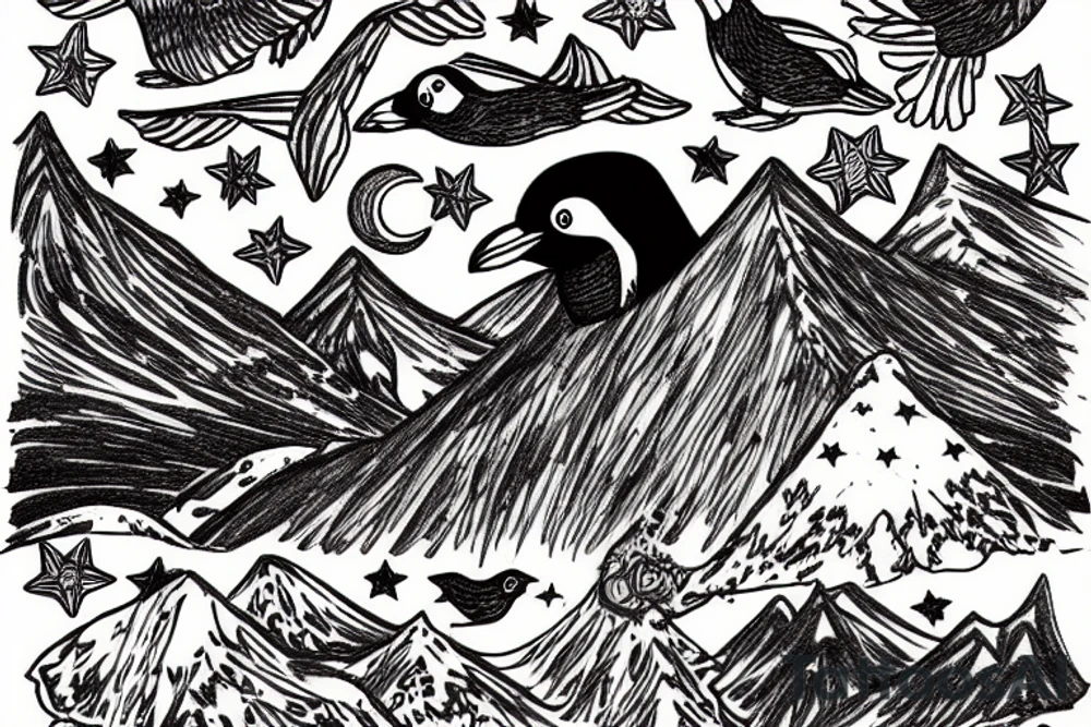 penquin in the mountains in starry night tattoo idea