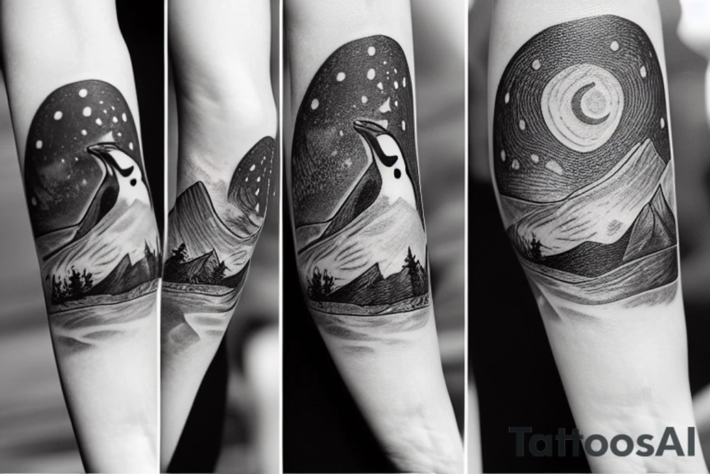 penguin in the mountains in starry night tattoo idea