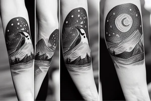 penguin in the mountains in starry night tattoo idea