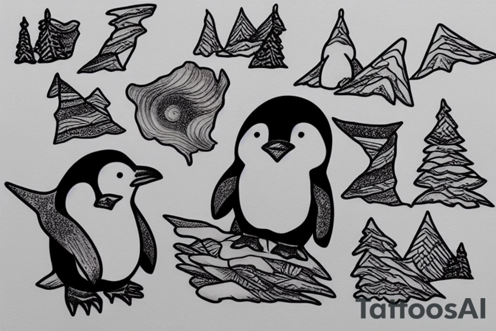 penguin in the mountains in starry night tattoo idea