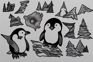 penguin in the mountains in starry night tattoo idea