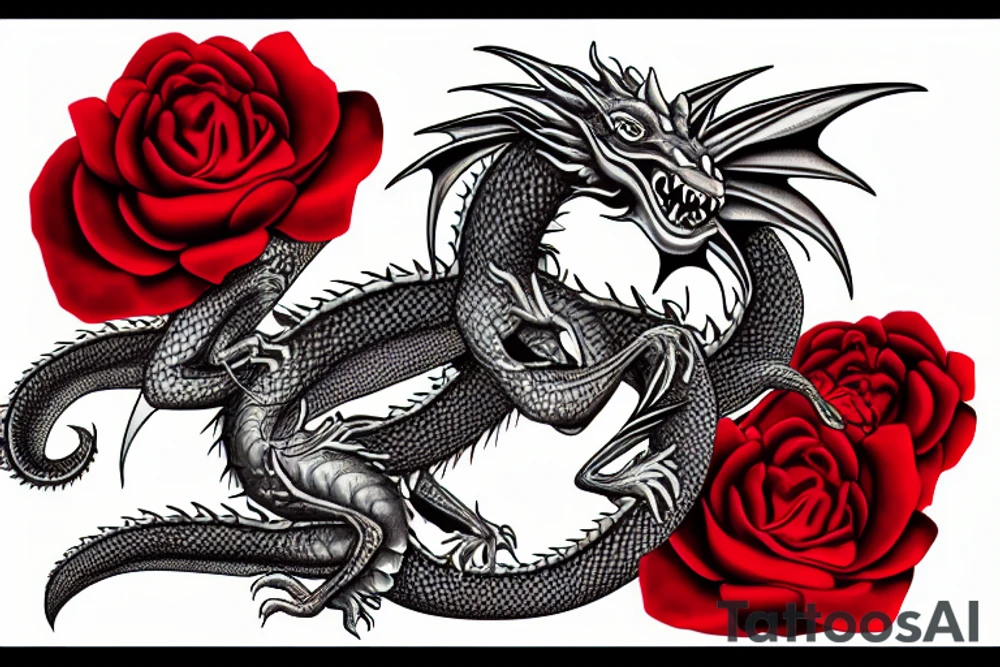 dragon twisted around a red rose tattoo idea