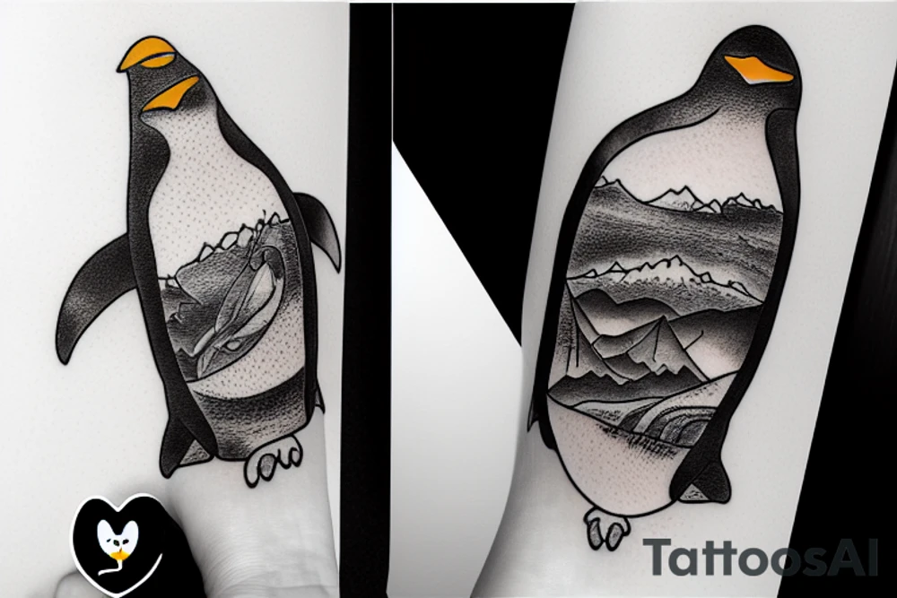 penguin in the mountains in starry night tattoo idea