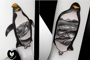 penguin in the mountains in starry night tattoo idea