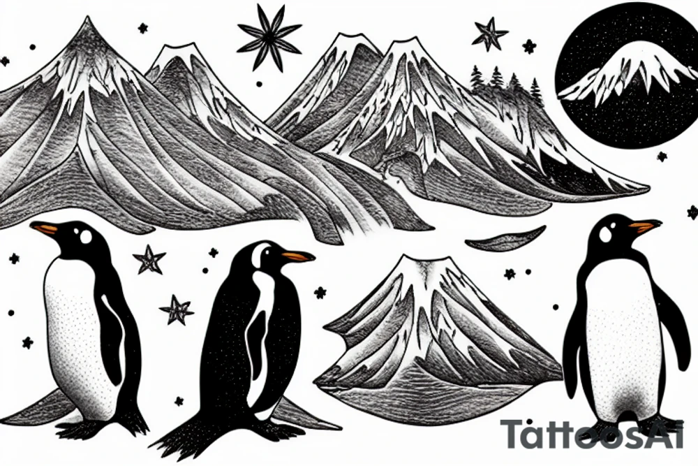 penguin in the mountains in starry night tattoo idea