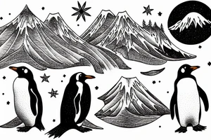 penguin in the mountains in starry night tattoo idea