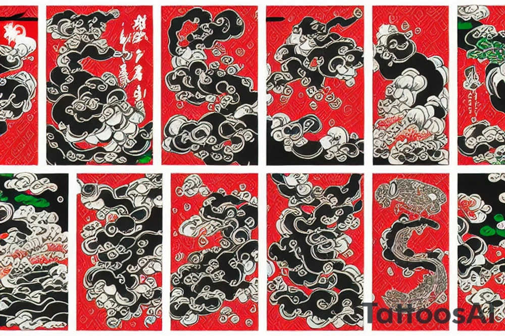 Japanese yonkai in fire in old japanese style with red and green colors tattoo idea