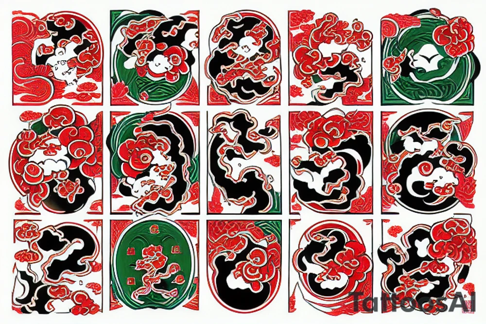 Japanese yonkai in fire in old japanese style with red and green colors tattoo idea