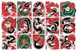 Japanese yonkai in fire in old japanese style with red and green colors tattoo idea