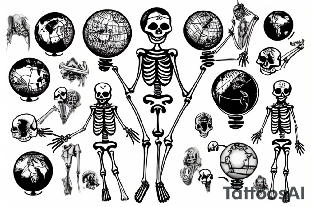 a skeleton holding up a globe tattoo idea
