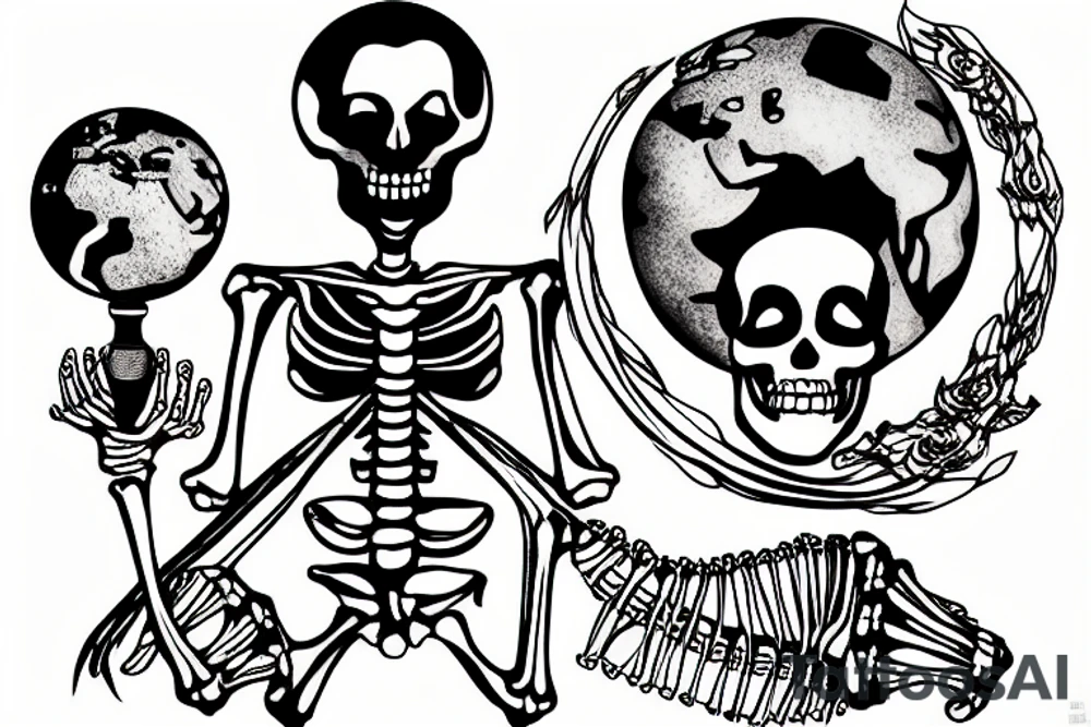a skeleton holding up a globe tattoo idea