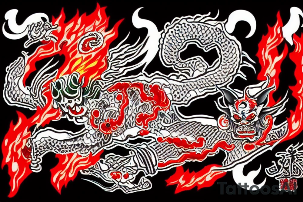 Japanese demon in fire in old japanese style with red and green colors tattoo idea