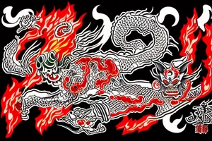 Japanese demon in fire in old japanese style with red and green colors tattoo idea