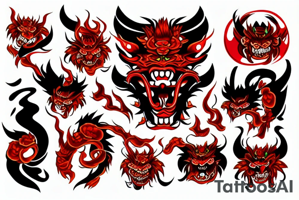 Japanese demon in fire in old japanese style with red and green colors tattoo idea