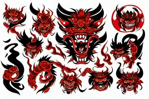 Japanese demon in fire in old japanese style with red and green colors tattoo idea