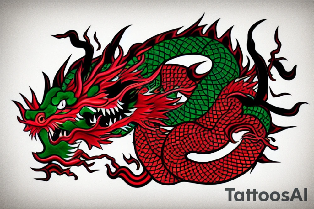 chinese dragon breathing fire with red and green colors tattoo idea