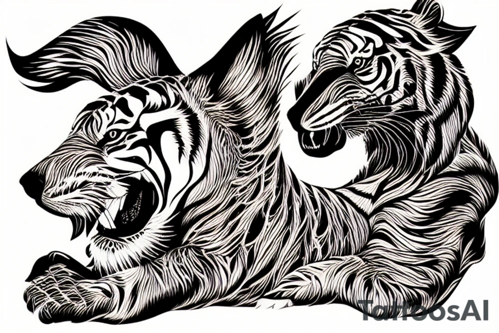 duck tolling retriever with the head of a tiger bucking like a horse tattoo idea