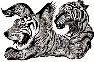 duck tolling retriever with the head of a tiger bucking like a horse tattoo idea