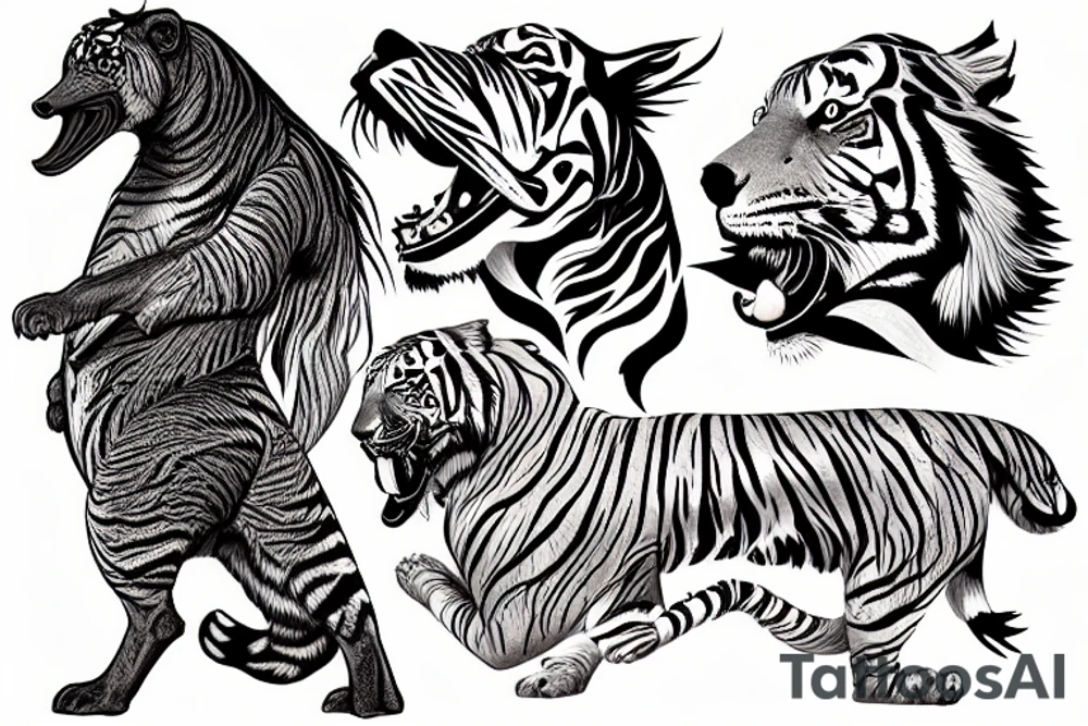 duck tolling retriever with the head of a tiger bucking like a horse tattoo idea