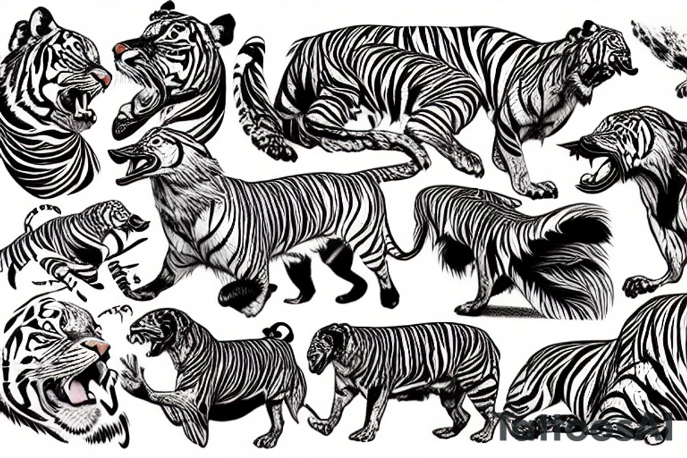 duck tolling retriever with the head of a tiger bucking like a horse tattoo idea