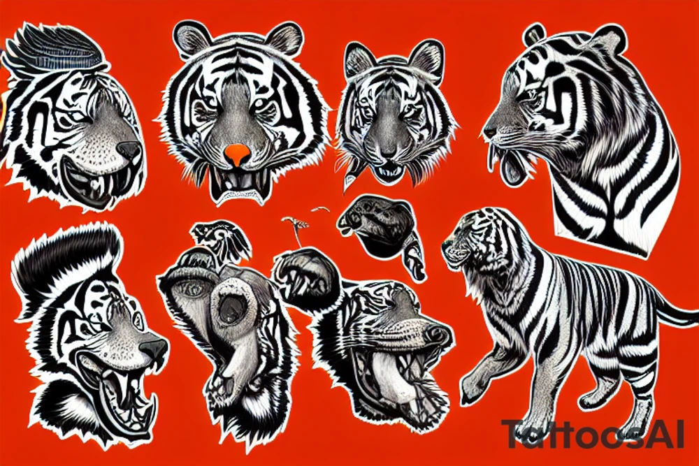 duck tolling retriever with the head of a tiger bucking like a horse tattoo idea