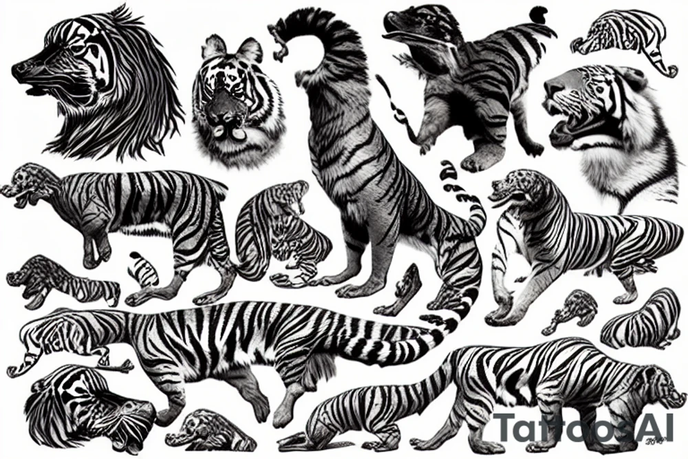 duck tolling retriever with the head of a tiger bucking like a horse tattoo idea