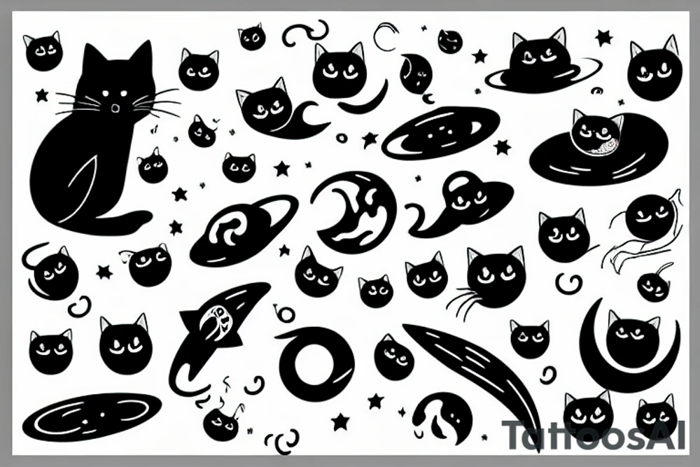 black cat floating through space tattoo idea