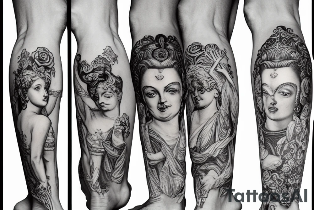 Leg sleeve tattoo of the Stoics virtue, dividing virtue into four main types: wisdom, justice, courage, and moderation tattoo idea