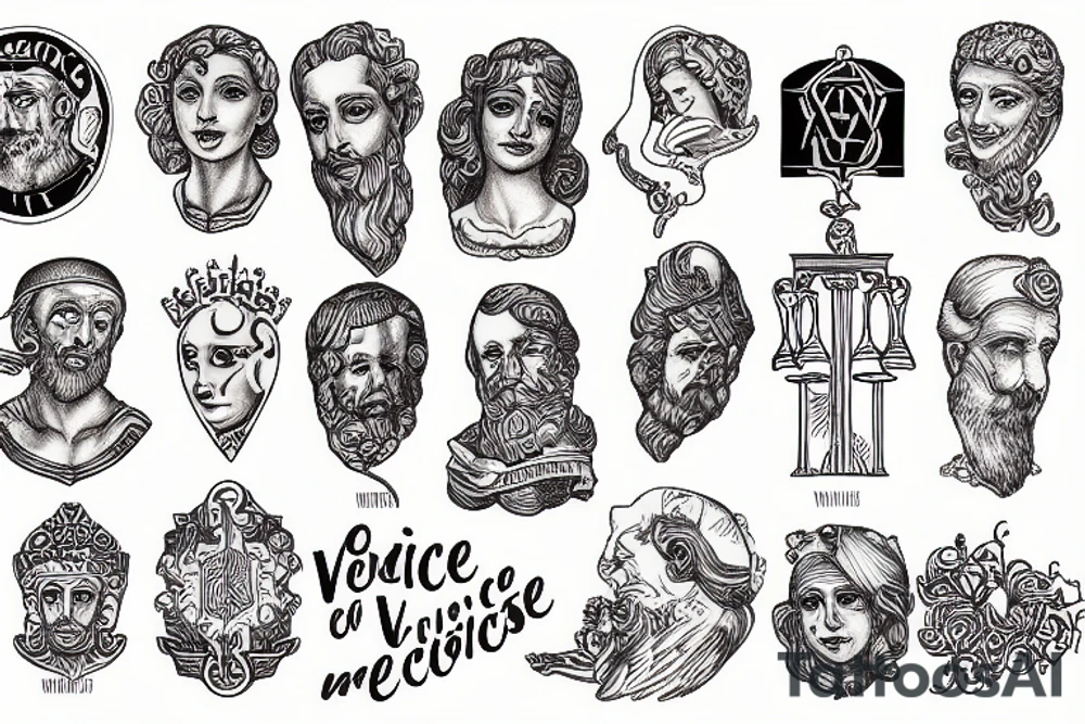 Leg sleeve tattoo of the Stoics virtue, dividing virtue into four main types: wisdom, justice, courage, and moderation tattoo idea