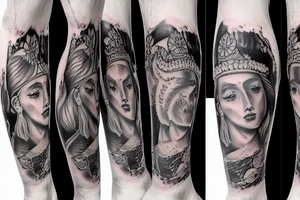 Leg sleeve tattoo of the Stoics virtue, dividing virtue into four main types: wisdom, justice, courage, and moderation tattoo idea